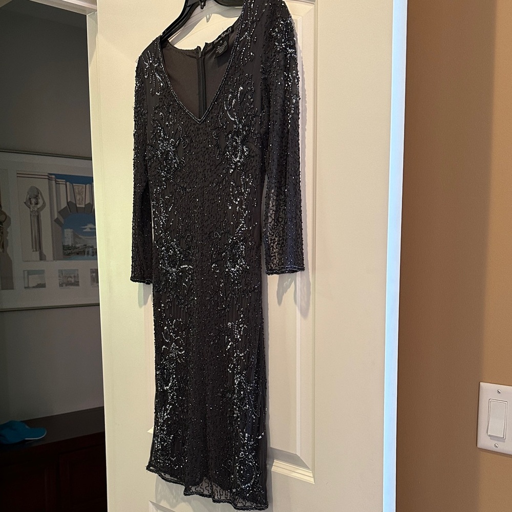 Elegant Black Sequined and Beaded Long Sleeve Dress, Size 8
